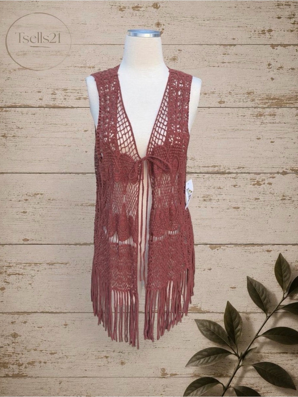 NWT RoomMates Brown Boho Crochet Fringe Vest - Size XL